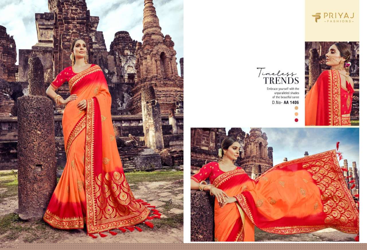 EKAYA BY PRIYAJ FASHION 1404 TO 1413 SERIES INDIAN TRADITIONAL WEAR COLLECTION BEAUTIFUL STYLISH FANCY COLORFUL PARTY WEAR & OCCASIONAL WEAR FANCY EMBROIDERED SAREES AT WHOLESALE PRICE