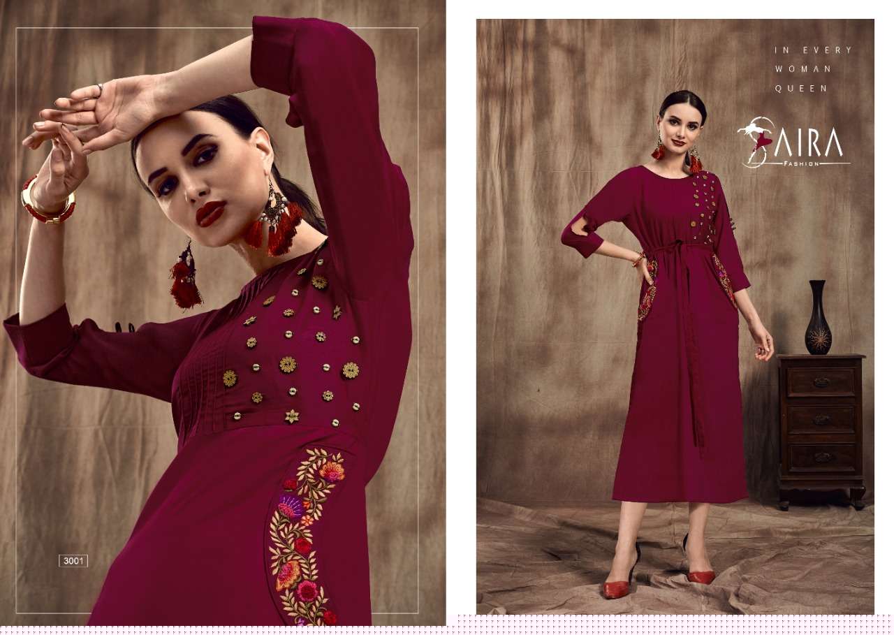 SAIRA VOL-3 BY SAIRA FASHION 3001 TO 3006 SERIES BEAUTIFUL COLORFUL STYLISH FANCY CASUAL WEAR & ETHNIC WEAR & READY TO WEAR MUSLIN EMBROIDERED KURTIS AT WHOLESALE PRICE