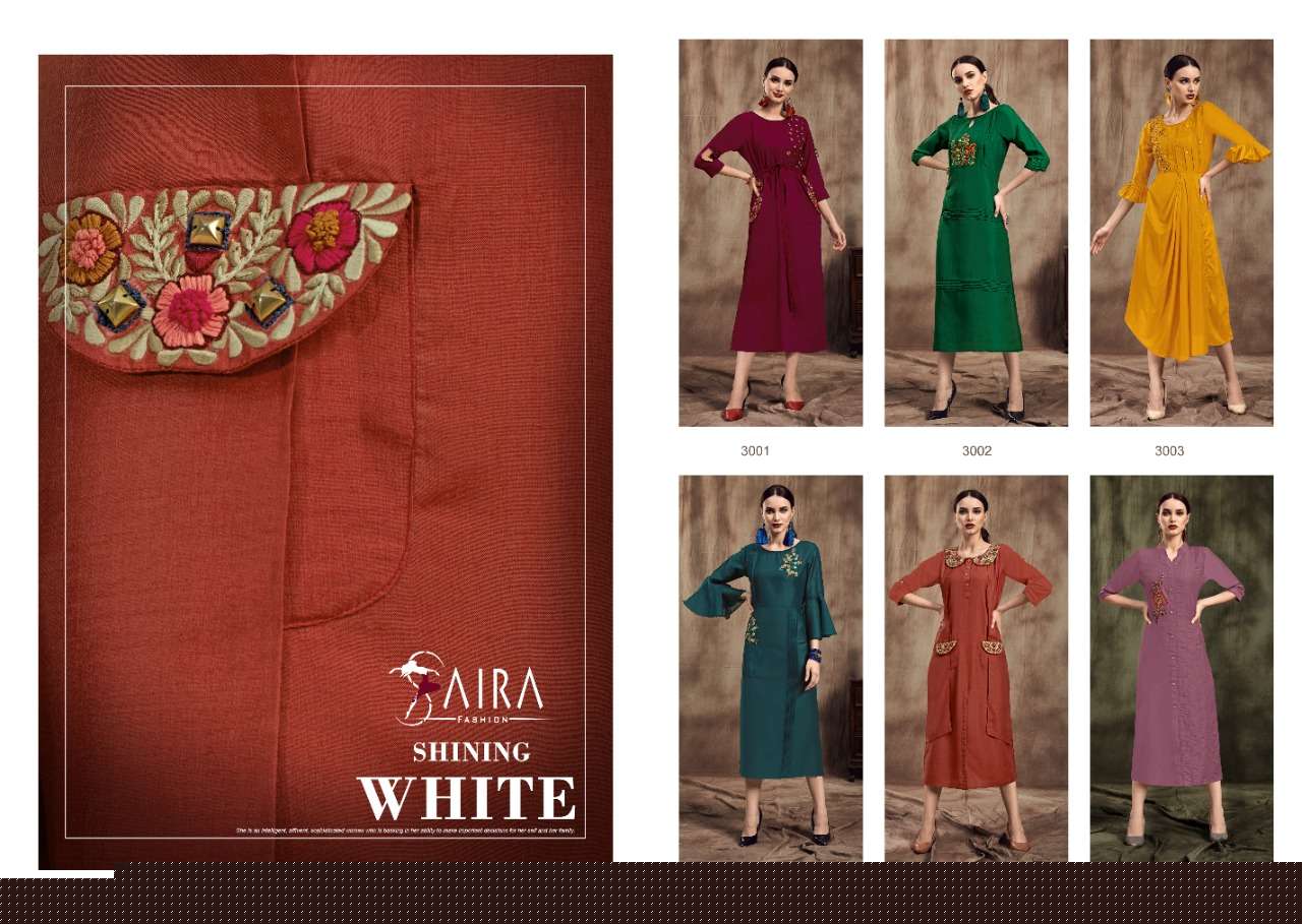 SAIRA VOL-3 BY SAIRA FASHION 3001 TO 3006 SERIES BEAUTIFUL COLORFUL STYLISH FANCY CASUAL WEAR & ETHNIC WEAR & READY TO WEAR MUSLIN EMBROIDERED KURTIS AT WHOLESALE PRICE