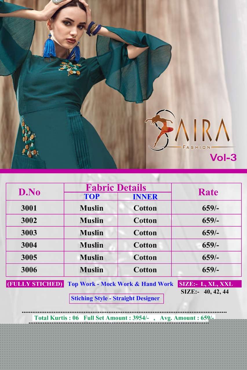 SAIRA VOL-3 BY SAIRA FASHION 3001 TO 3006 SERIES BEAUTIFUL COLORFUL STYLISH FANCY CASUAL WEAR & ETHNIC WEAR & READY TO WEAR MUSLIN EMBROIDERED KURTIS AT WHOLESALE PRICE