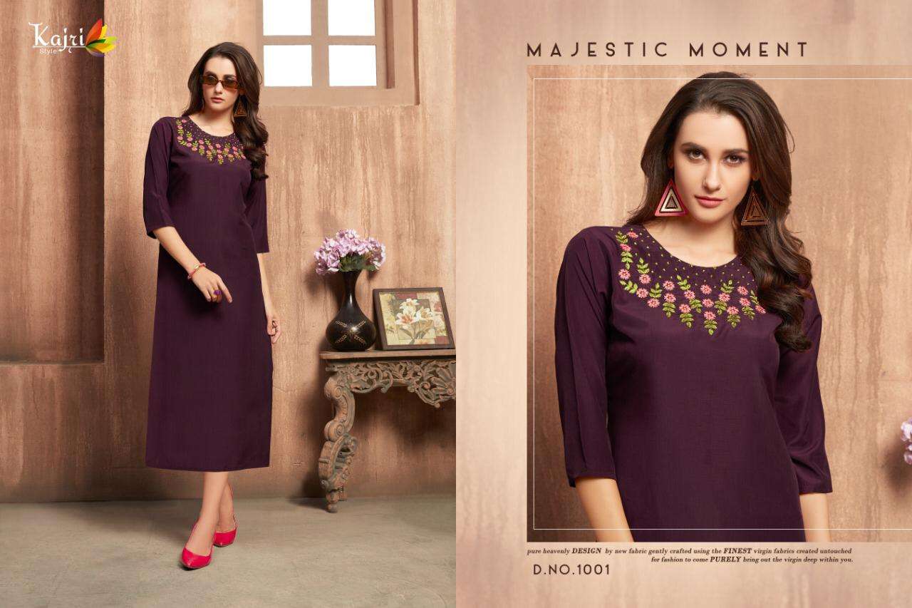 FLORENCE BY KAJRI STYLE 1001 TO 1008 SERIES BEAUTIFUL STYLISH FANCY COLORFUL CASUAL WEAR & ETHNIC WEAR & READY TO WEAR 14 KG RAYON WITH HEAVY WORK KURTIS AT WHOLESALE PRICE