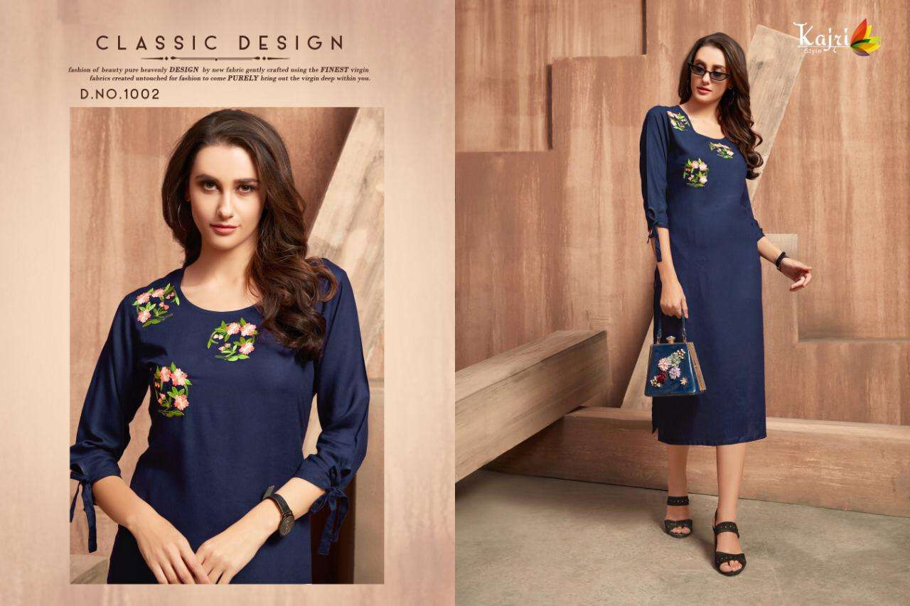 FLORENCE BY KAJRI STYLE 1001 TO 1008 SERIES BEAUTIFUL STYLISH FANCY COLORFUL CASUAL WEAR & ETHNIC WEAR & READY TO WEAR 14 KG RAYON WITH HEAVY WORK KURTIS AT WHOLESALE PRICE