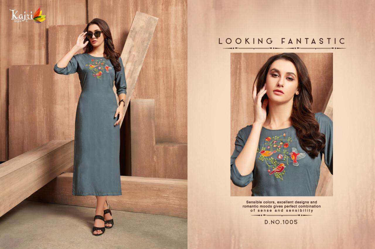 FLORENCE BY KAJRI STYLE 1001 TO 1008 SERIES BEAUTIFUL STYLISH FANCY COLORFUL CASUAL WEAR & ETHNIC WEAR & READY TO WEAR 14 KG RAYON WITH HEAVY WORK KURTIS AT WHOLESALE PRICE