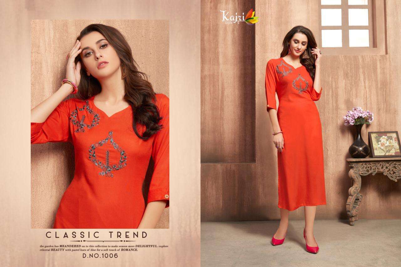FLORENCE BY KAJRI STYLE 1001 TO 1008 SERIES BEAUTIFUL STYLISH FANCY COLORFUL CASUAL WEAR & ETHNIC WEAR & READY TO WEAR 14 KG RAYON WITH HEAVY WORK KURTIS AT WHOLESALE PRICE