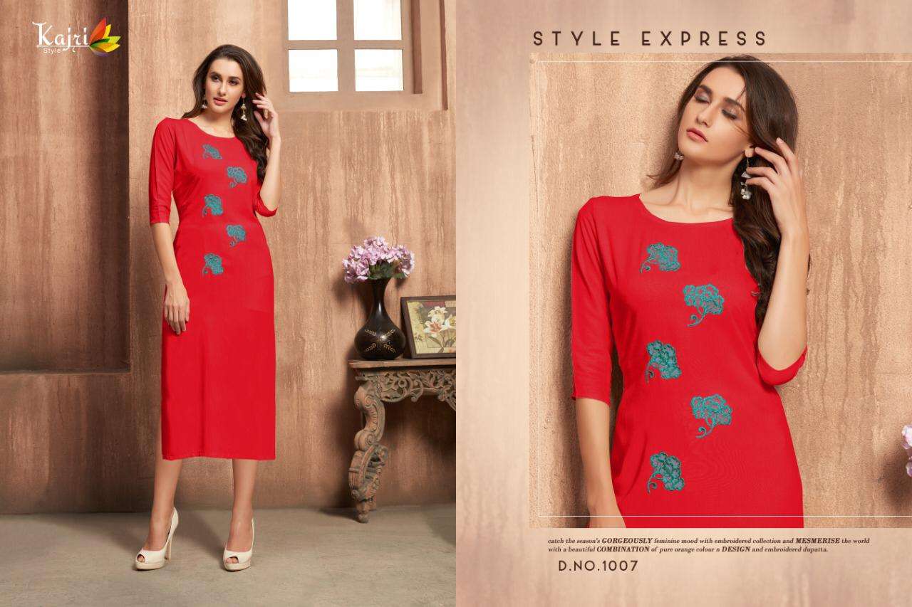 FLORENCE BY KAJRI STYLE 1001 TO 1008 SERIES BEAUTIFUL STYLISH FANCY COLORFUL CASUAL WEAR & ETHNIC WEAR & READY TO WEAR 14 KG RAYON WITH HEAVY WORK KURTIS AT WHOLESALE PRICE