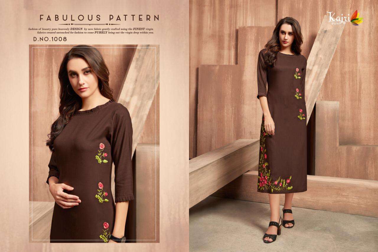 FLORENCE BY KAJRI STYLE 1001 TO 1008 SERIES BEAUTIFUL STYLISH FANCY COLORFUL CASUAL WEAR & ETHNIC WEAR & READY TO WEAR 14 KG RAYON WITH HEAVY WORK KURTIS AT WHOLESALE PRICE