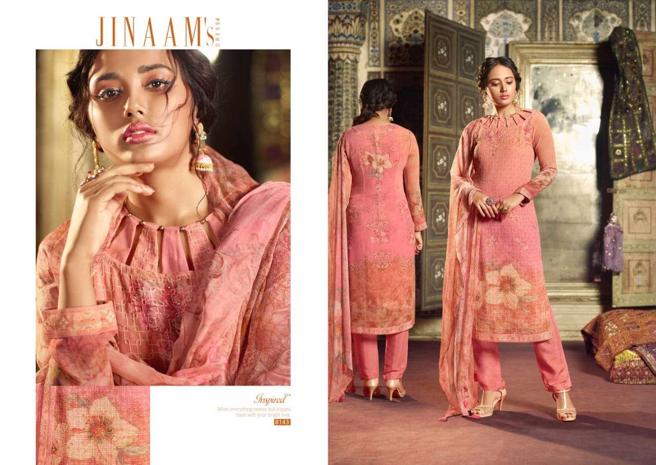 SHABAB BY JINAAM DRESSES 8142 TO 8147 SERIES BEAUTIFUL SUITS STYLISH FANCY COLORFUL PARTY WEAR & ETHNIC WEAR GEORGETTE PRINTED WITH EMBROIDERY DRESSES AT WHOLESALE PRICE