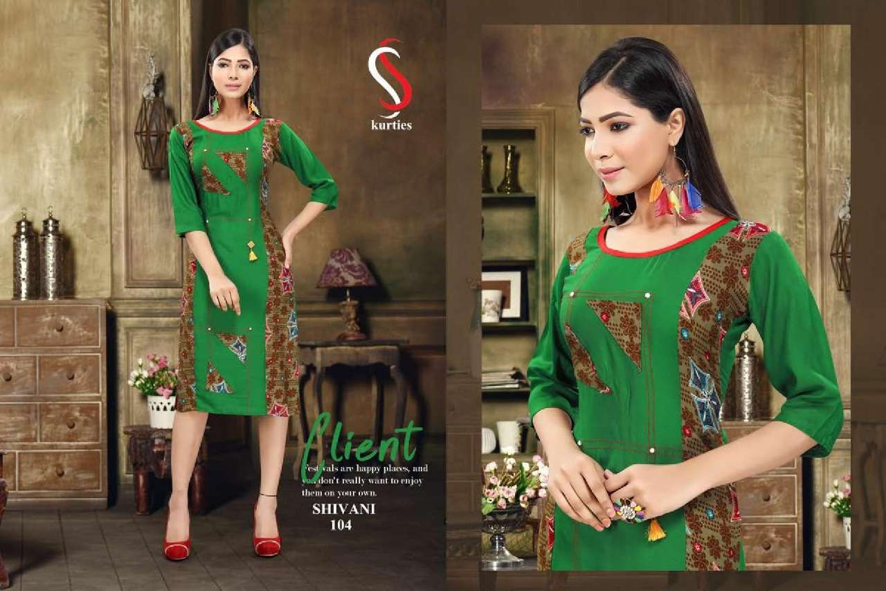 SHIVANI BY S S KURTIS 101 TO 110 SERIES BEAUTIFUL STYLISH COLORFUL FANCY PARTY WEAR & ETHNIC WEAR & READY TO WEAR RAYON PRINTED KURTIS AT WHOLESALE PRICE