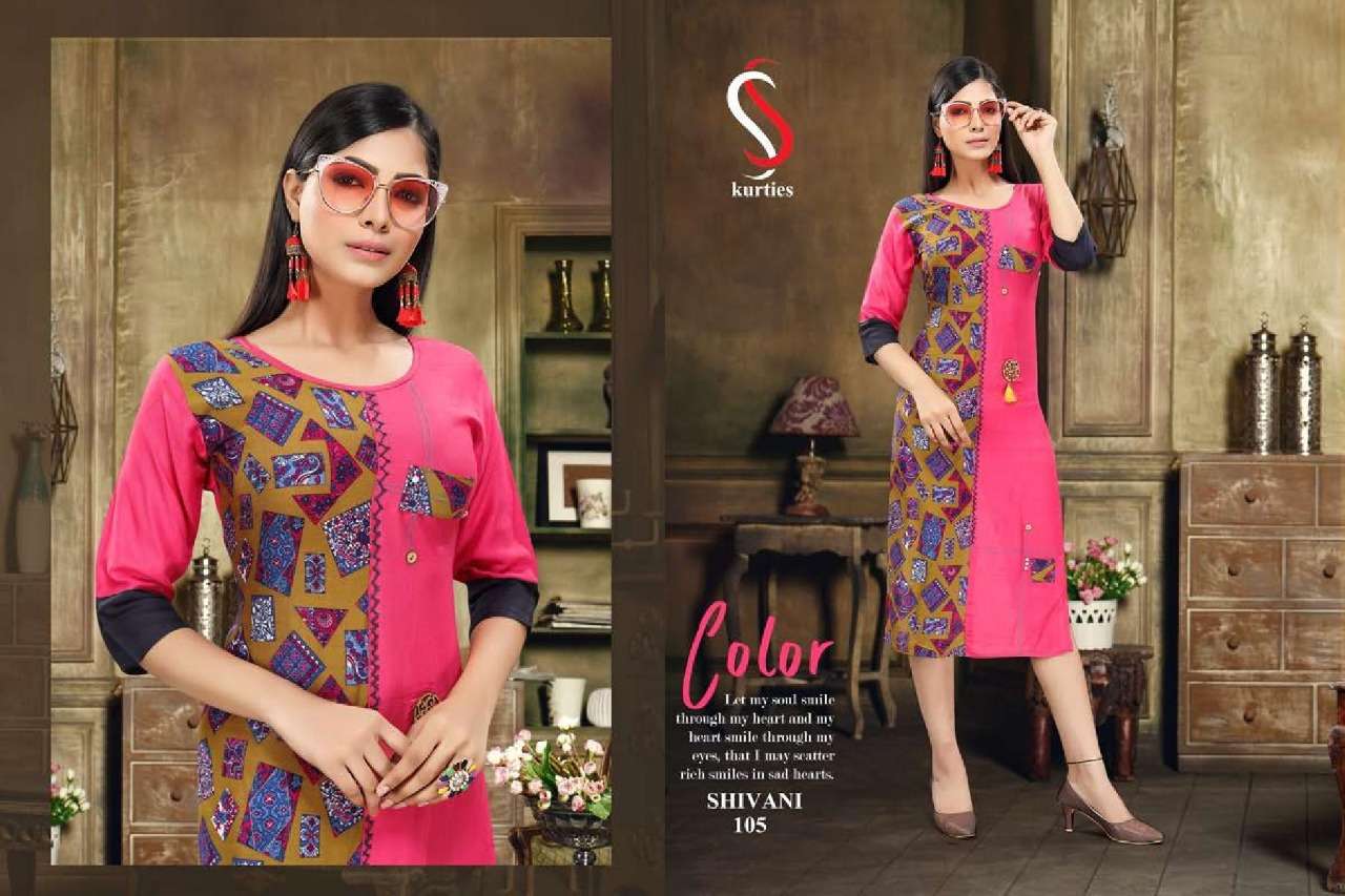 SHIVANI BY S S KURTIS 101 TO 110 SERIES BEAUTIFUL STYLISH COLORFUL FANCY PARTY WEAR & ETHNIC WEAR & READY TO WEAR RAYON PRINTED KURTIS AT WHOLESALE PRICE