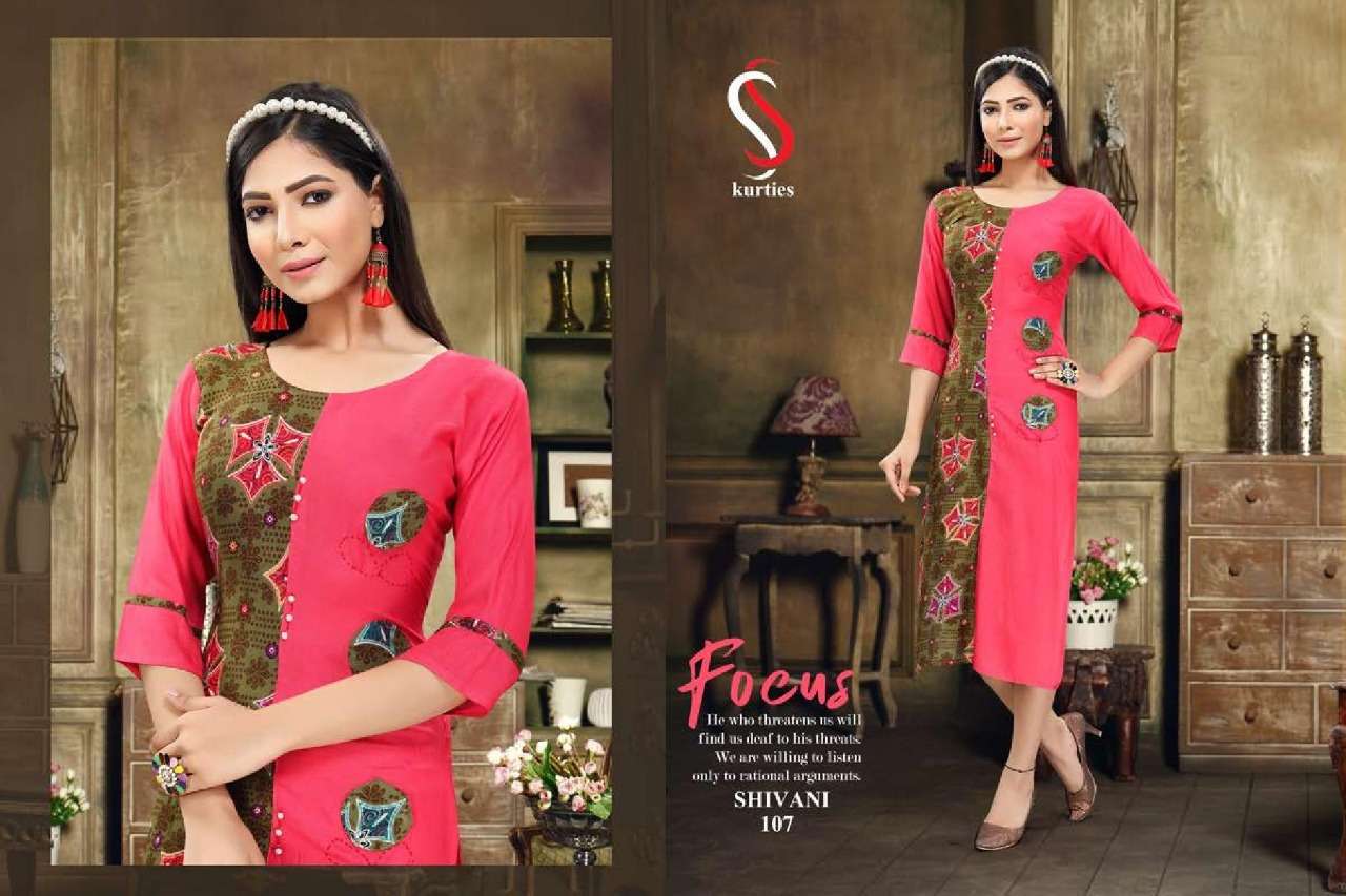 SHIVANI BY S S KURTIS 101 TO 110 SERIES BEAUTIFUL STYLISH COLORFUL FANCY PARTY WEAR & ETHNIC WEAR & READY TO WEAR RAYON PRINTED KURTIS AT WHOLESALE PRICE