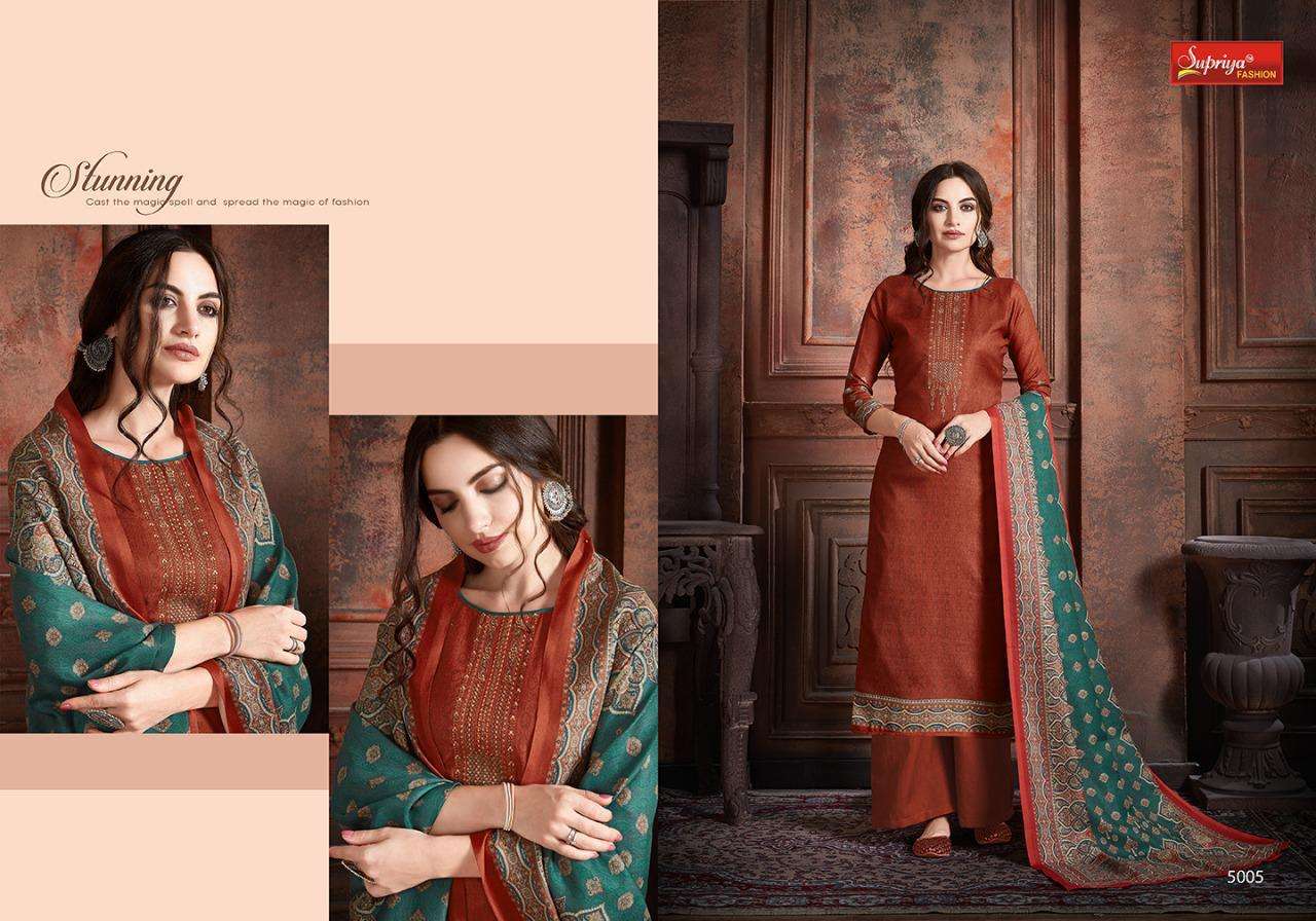 SILKINA BY SUPRIYA FASHION 5001 TO 5007 SERIES DESIGNER SUITS BEAUTIFUL STYLISH FANCY COLORFUL PARTY WEAR & OCCASIONAL WEAR PURE PASHMINA DIGITAL PRINTED WITH EMBROIDERY DRESSES AT WHOLESALE PRICE