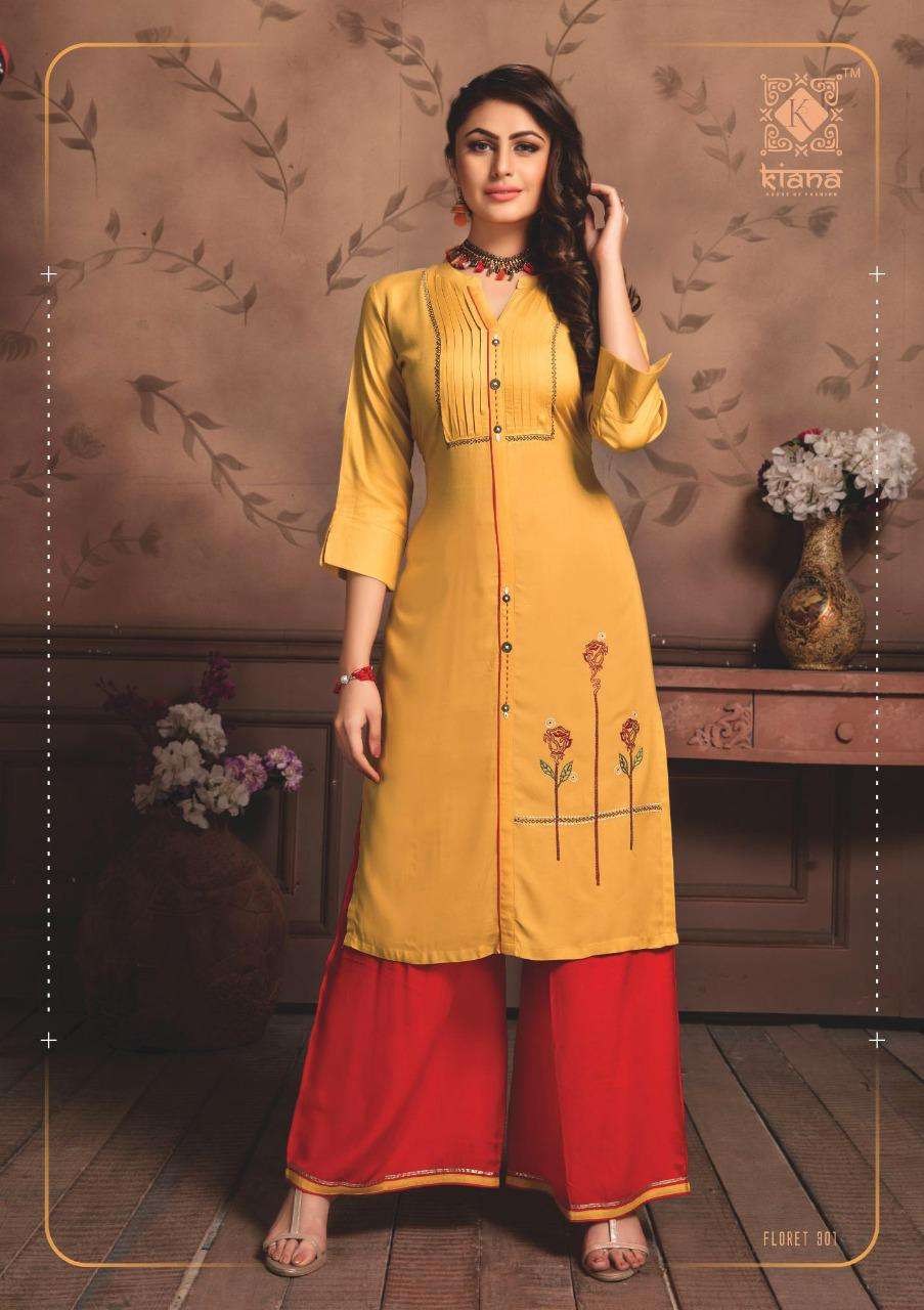 FLORET VOL-3 BY KIANA 301 TO 308 SERIES BEAUTIFUL STYLISH FANCY COLORFUL CASUAL WEAR & ETHNIC WEAR RAYON EMBROIDERED KURTIS WITH BOTTOM AT WHOLESALE PRICE