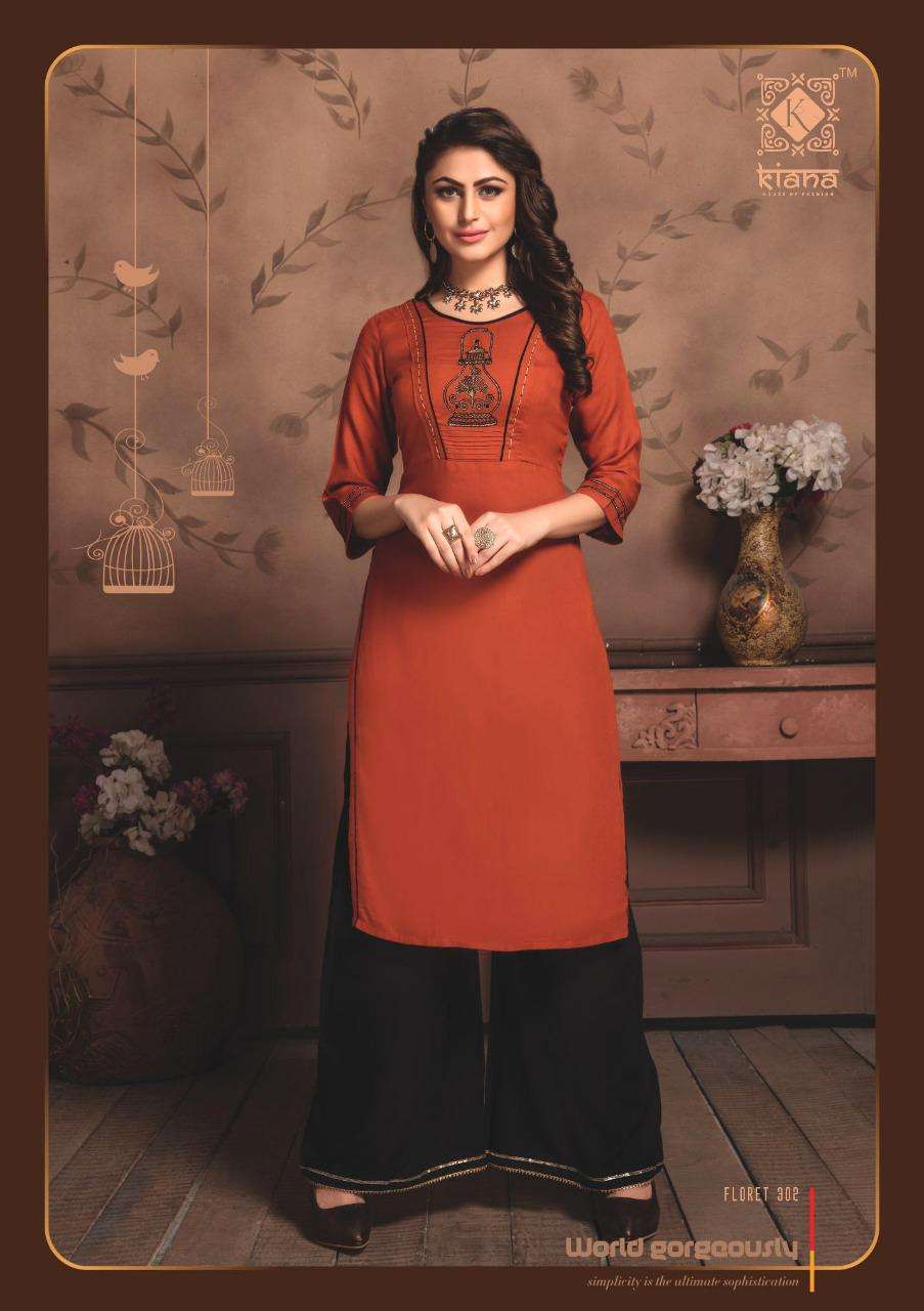 FLORET VOL-3 BY KIANA 301 TO 308 SERIES BEAUTIFUL STYLISH FANCY COLORFUL CASUAL WEAR & ETHNIC WEAR RAYON EMBROIDERED KURTIS WITH BOTTOM AT WHOLESALE PRICE