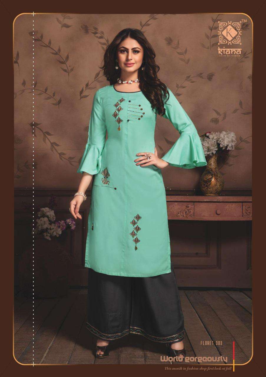 FLORET VOL-3 BY KIANA 301 TO 308 SERIES BEAUTIFUL STYLISH FANCY COLORFUL CASUAL WEAR & ETHNIC WEAR RAYON EMBROIDERED KURTIS WITH BOTTOM AT WHOLESALE PRICE