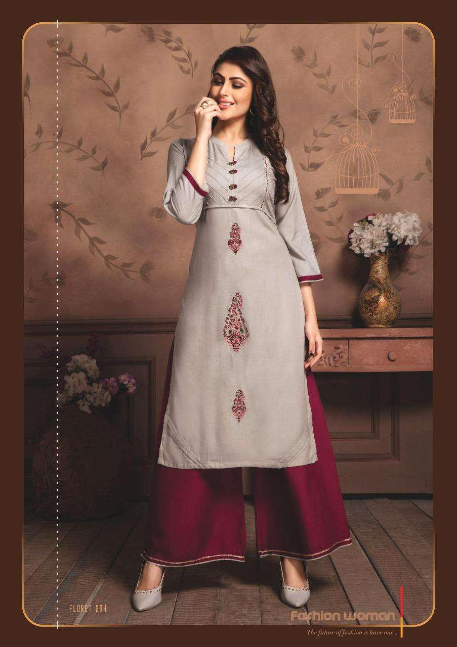 FLORET VOL-3 BY KIANA 301 TO 308 SERIES BEAUTIFUL STYLISH FANCY COLORFUL CASUAL WEAR & ETHNIC WEAR RAYON EMBROIDERED KURTIS WITH BOTTOM AT WHOLESALE PRICE