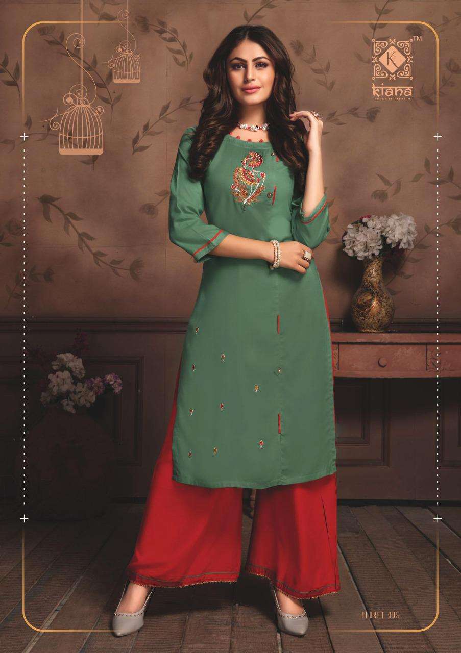 FLORET VOL-3 BY KIANA 301 TO 308 SERIES BEAUTIFUL STYLISH FANCY COLORFUL CASUAL WEAR & ETHNIC WEAR RAYON EMBROIDERED KURTIS WITH BOTTOM AT WHOLESALE PRICE