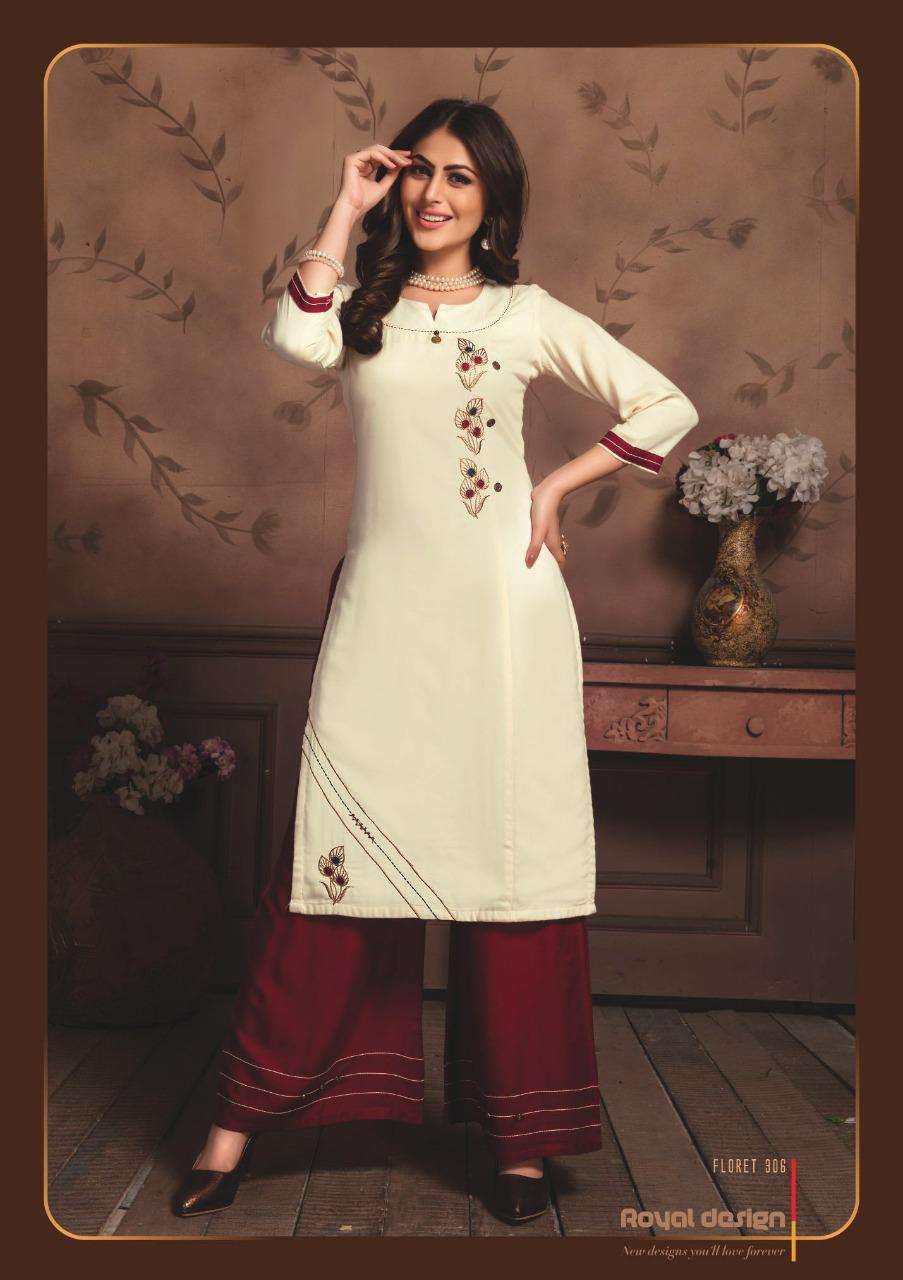 FLORET VOL-3 BY KIANA 301 TO 308 SERIES BEAUTIFUL STYLISH FANCY COLORFUL CASUAL WEAR & ETHNIC WEAR RAYON EMBROIDERED KURTIS WITH BOTTOM AT WHOLESALE PRICE