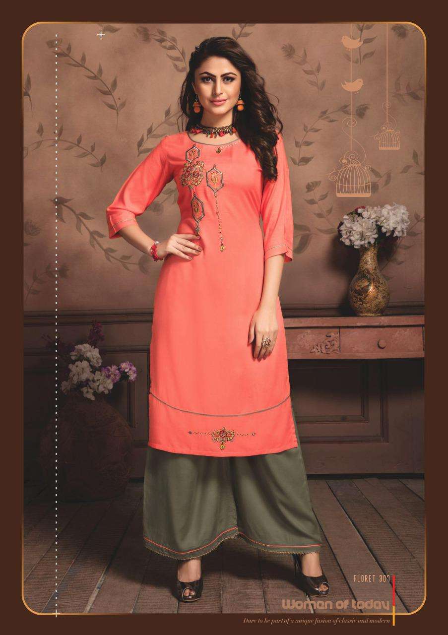 FLORET VOL-3 BY KIANA 301 TO 308 SERIES BEAUTIFUL STYLISH FANCY COLORFUL CASUAL WEAR & ETHNIC WEAR RAYON EMBROIDERED KURTIS WITH BOTTOM AT WHOLESALE PRICE