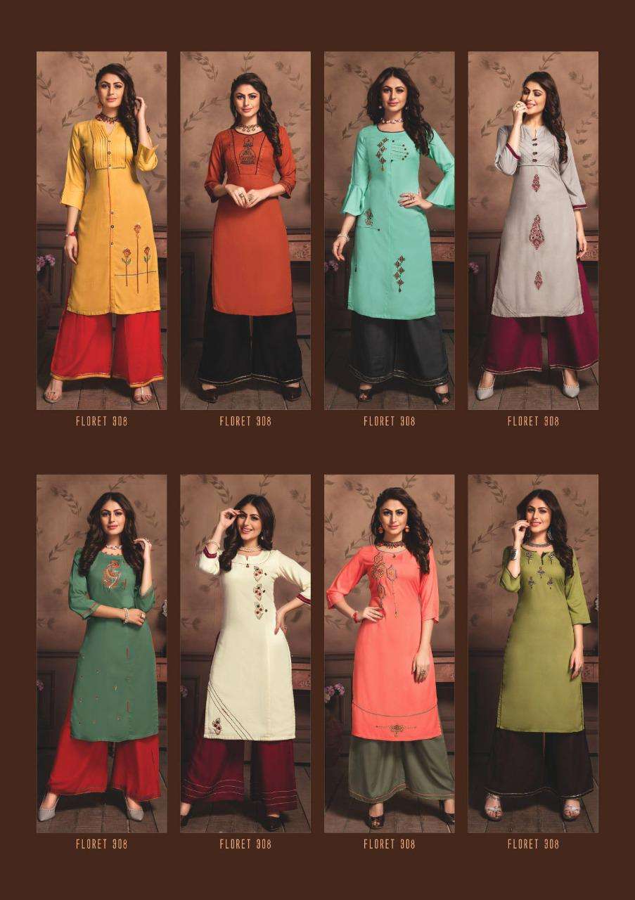 FLORET VOL-3 BY KIANA 301 TO 308 SERIES BEAUTIFUL STYLISH FANCY COLORFUL CASUAL WEAR & ETHNIC WEAR RAYON EMBROIDERED KURTIS WITH BOTTOM AT WHOLESALE PRICE