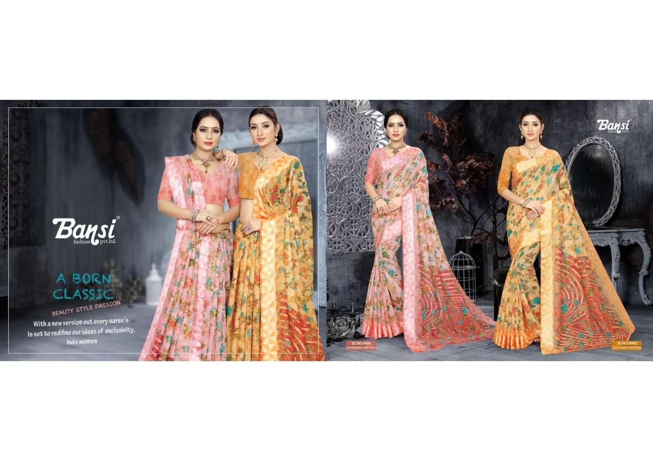 CENTURY COTTON BY BANSI FASHION 9601 TO 9612 SERIES INDIAN TRADITIONAL WEAR COLLECTION BEAUTIFUL STYLISH FANCY COLORFUL PARTY WEAR & OCCASIONAL WEAR COTTON SILK PRINTED SAREES AT WHOLESALE PRICE