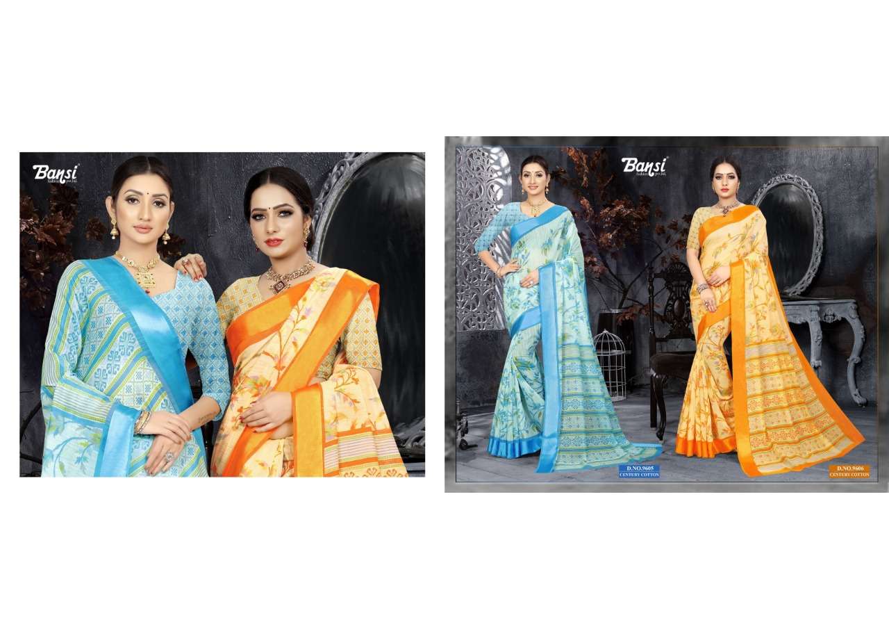 CENTURY COTTON BY BANSI FASHION 9601 TO 9612 SERIES INDIAN TRADITIONAL WEAR COLLECTION BEAUTIFUL STYLISH FANCY COLORFUL PARTY WEAR & OCCASIONAL WEAR COTTON SILK PRINTED SAREES AT WHOLESALE PRICE