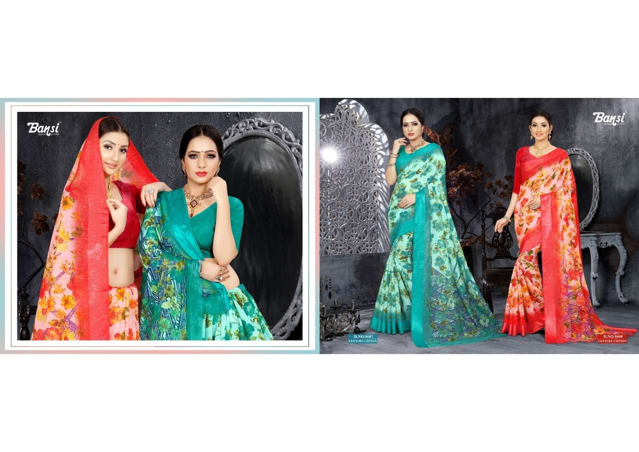 CENTURY COTTON BY BANSI FASHION 9601 TO 9612 SERIES INDIAN TRADITIONAL WEAR COLLECTION BEAUTIFUL STYLISH FANCY COLORFUL PARTY WEAR & OCCASIONAL WEAR COTTON SILK PRINTED SAREES AT WHOLESALE PRICE