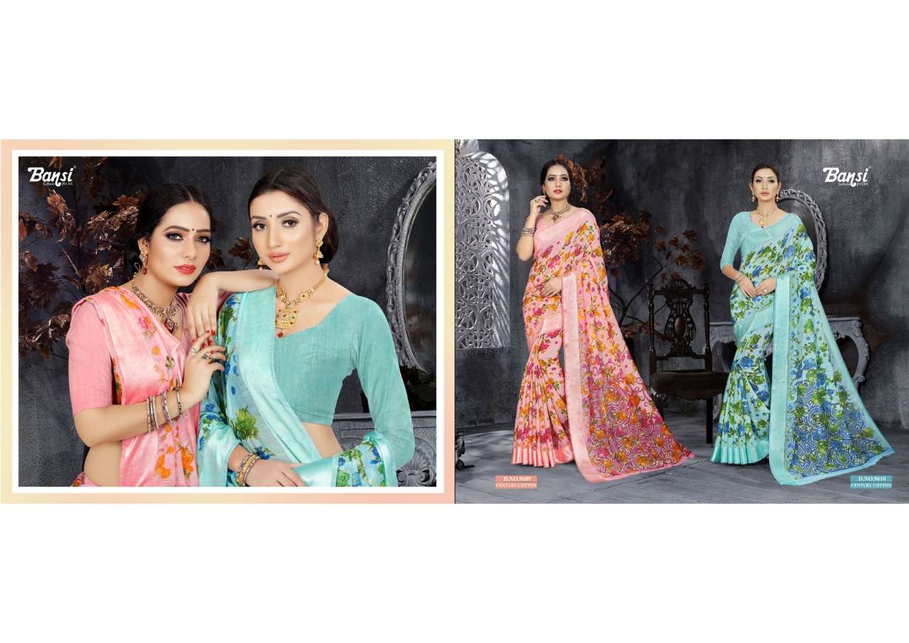 CENTURY COTTON BY BANSI FASHION 9601 TO 9612 SERIES INDIAN TRADITIONAL WEAR COLLECTION BEAUTIFUL STYLISH FANCY COLORFUL PARTY WEAR & OCCASIONAL WEAR COTTON SILK PRINTED SAREES AT WHOLESALE PRICE