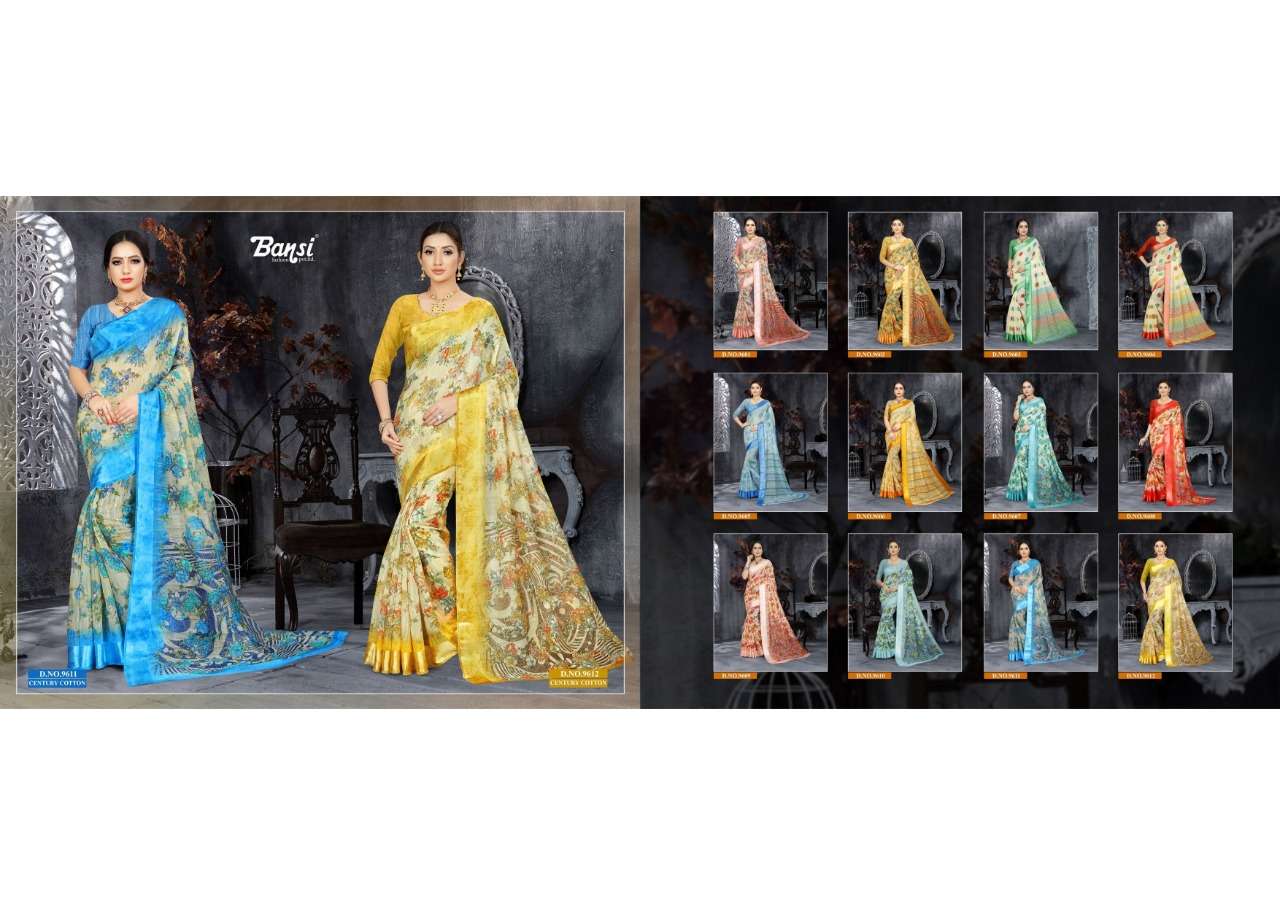 CENTURY COTTON BY BANSI FASHION 9601 TO 9612 SERIES INDIAN TRADITIONAL WEAR COLLECTION BEAUTIFUL STYLISH FANCY COLORFUL PARTY WEAR & OCCASIONAL WEAR COTTON SILK PRINTED SAREES AT WHOLESALE PRICE