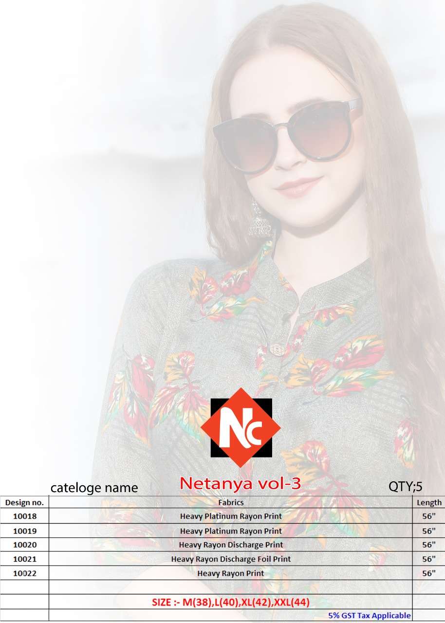 NETANYA VOL-3 BY NEETI CREATION 3001 TO 3005 SERIES DESIGNER BEAUTIFUL STYLISH FANCY COLORFUL PARTY WEAR & OCCASIONAL WEAR HEAVY RAYON PRINTED GOWNS AT WHOLESALE PRICE