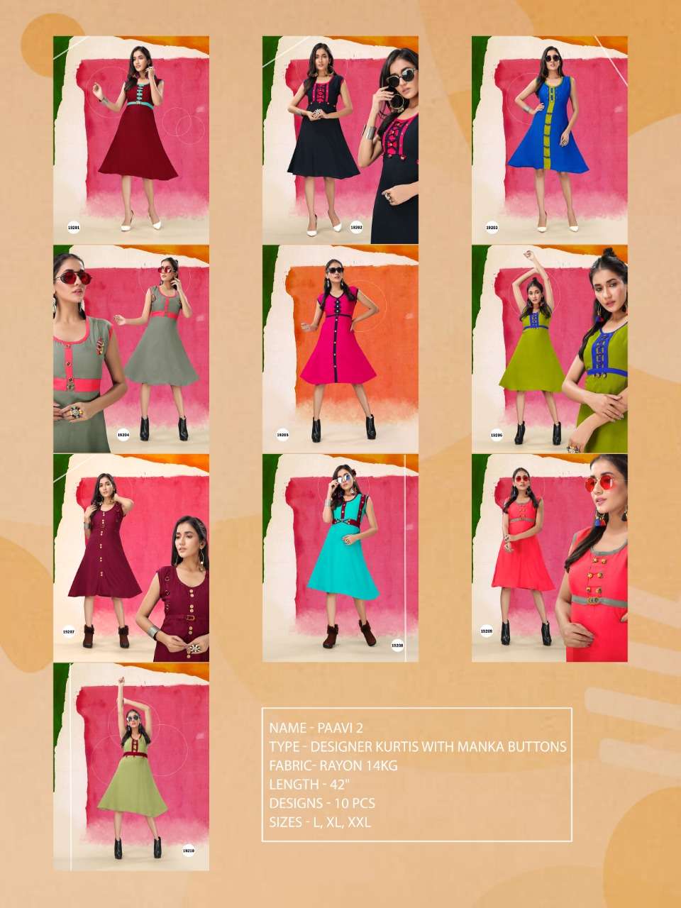 PAAVI VOL-2 BY HONEY 19201 TO 19210 SERIES BEAUTIFUL STYLISH FANCY COLORFUL CASUAL WEAR & ETHNIC WEAR & READY TO WEAR HEAVY RAYON 14KG WITH MANKA BUTTONS KURTIS AT WHOLESALE PRICE