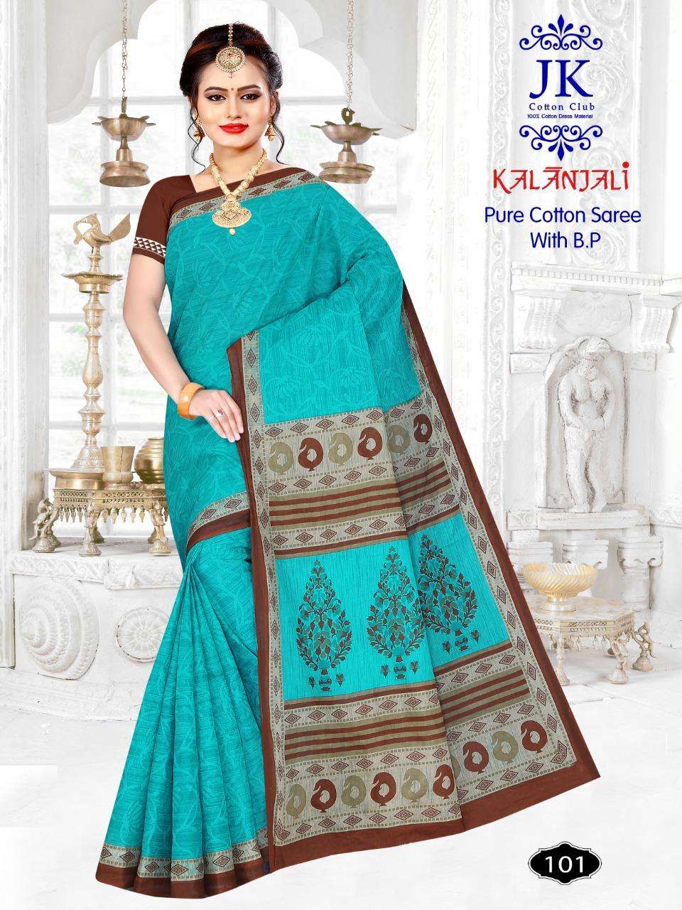 KALANJALI BY JK COTTON CLUB 101 TO 130 SERIES INDIAN TRADITIONAL WEAR COLLECTION BEAUTIFUL STYLISH FANCY COLORFUL PARTY WEAR & OCCASIONAL WEAR PURE COTTON SAREES AT WHOLESALE PRICE