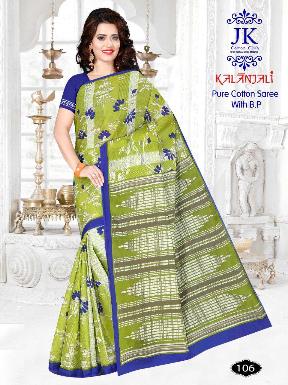 KALANJALI BY JK COTTON CLUB 101 TO 130 SERIES INDIAN TRADITIONAL WEAR COLLECTION BEAUTIFUL STYLISH FANCY COLORFUL PARTY WEAR & OCCASIONAL WEAR PURE COTTON SAREES AT WHOLESALE PRICE