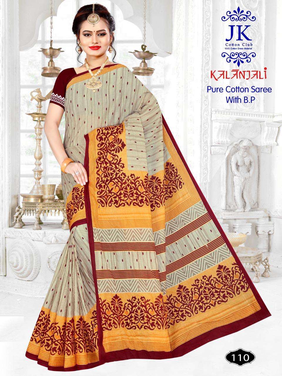 KALANJALI BY JK COTTON CLUB 101 TO 130 SERIES INDIAN TRADITIONAL WEAR COLLECTION BEAUTIFUL STYLISH FANCY COLORFUL PARTY WEAR & OCCASIONAL WEAR PURE COTTON SAREES AT WHOLESALE PRICE