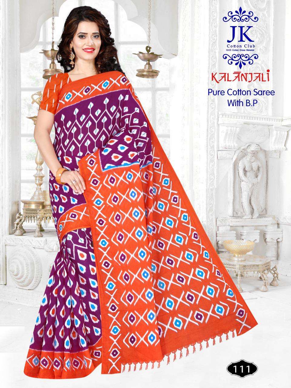 KALANJALI BY JK COTTON CLUB 101 TO 130 SERIES INDIAN TRADITIONAL WEAR COLLECTION BEAUTIFUL STYLISH FANCY COLORFUL PARTY WEAR & OCCASIONAL WEAR PURE COTTON SAREES AT WHOLESALE PRICE