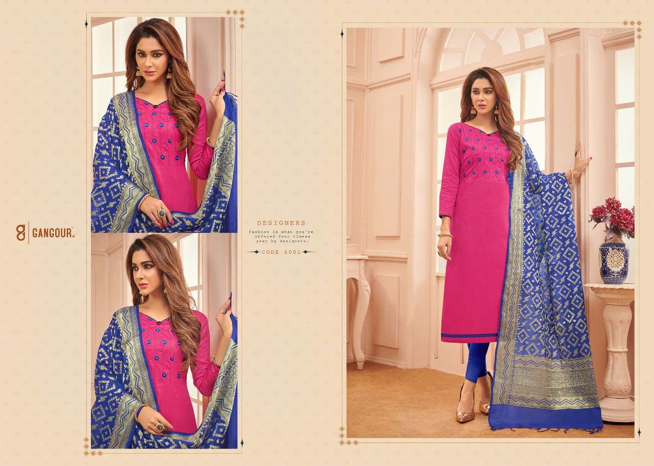 CHUNRI VOL-4 BY GANGOUR 4001 TO 4012 SERIES DESIGNER SUITS COLLECTION BEAUTIFUL STYLISH FANCY COLORFUL PARTY WEAR & OCCASIONAL WEAR GLACE COTTON DRESSES AT WHOLESALE PRICE