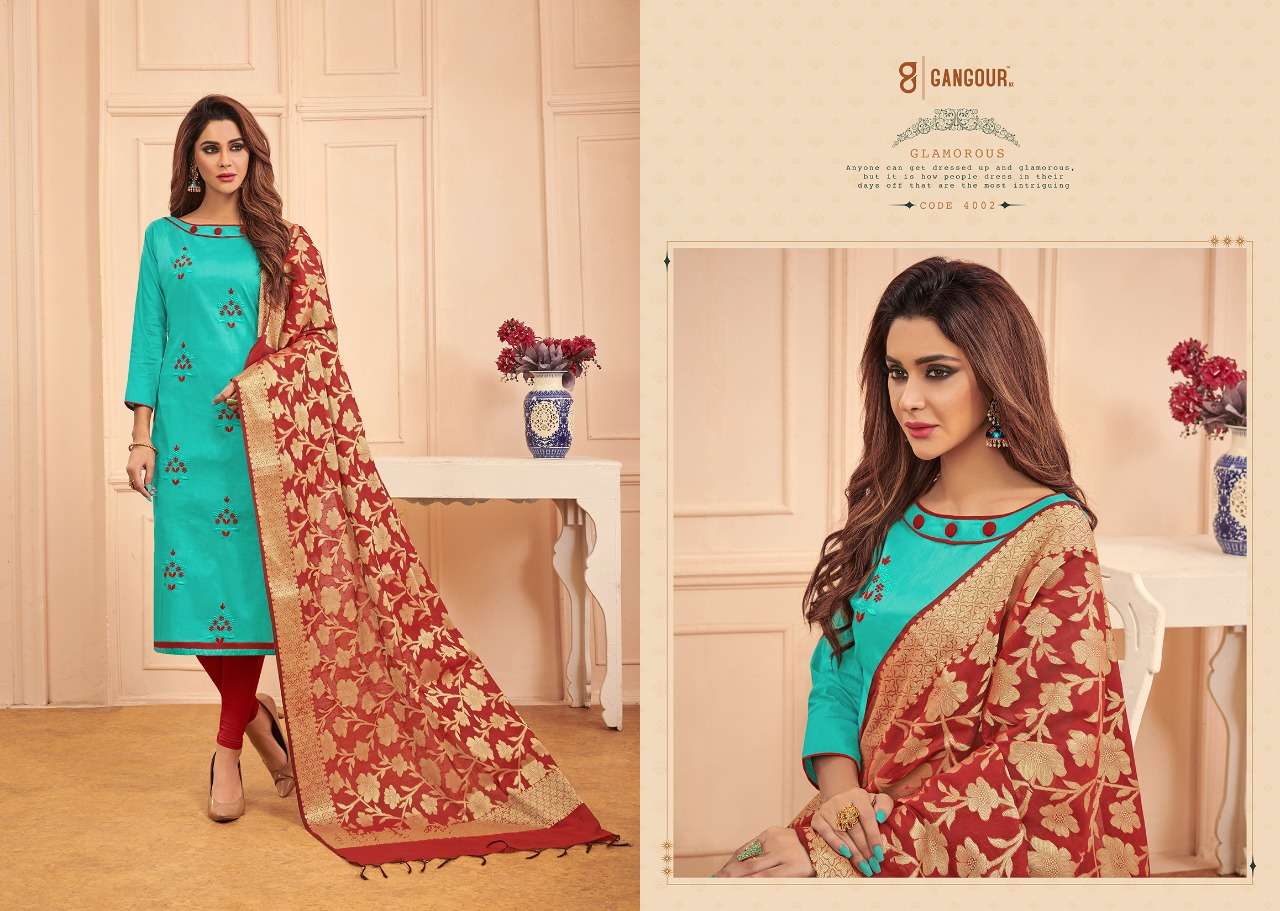 CHUNRI VOL-4 BY GANGOUR 4001 TO 4012 SERIES DESIGNER SUITS COLLECTION BEAUTIFUL STYLISH FANCY COLORFUL PARTY WEAR & OCCASIONAL WEAR GLACE COTTON DRESSES AT WHOLESALE PRICE