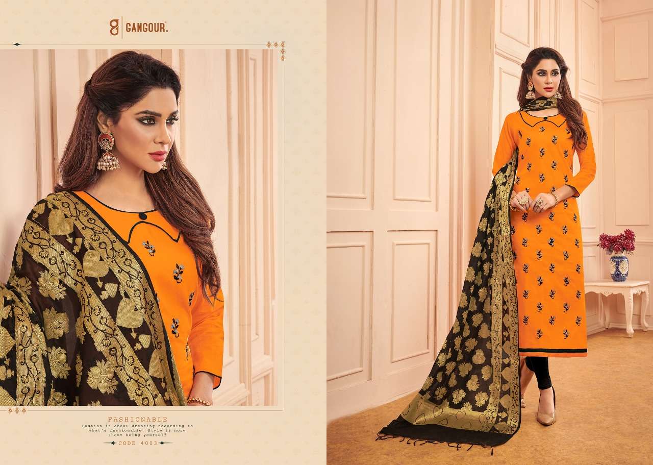 CHUNRI VOL-4 BY GANGOUR 4001 TO 4012 SERIES DESIGNER SUITS COLLECTION BEAUTIFUL STYLISH FANCY COLORFUL PARTY WEAR & OCCASIONAL WEAR GLACE COTTON DRESSES AT WHOLESALE PRICE