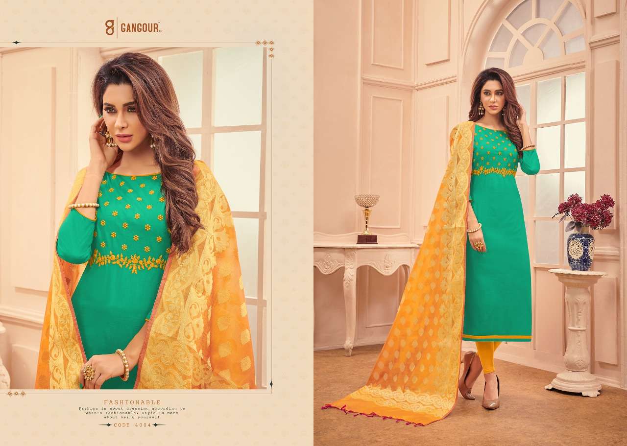 CHUNRI VOL-4 BY GANGOUR 4001 TO 4012 SERIES DESIGNER SUITS COLLECTION BEAUTIFUL STYLISH FANCY COLORFUL PARTY WEAR & OCCASIONAL WEAR GLACE COTTON DRESSES AT WHOLESALE PRICE