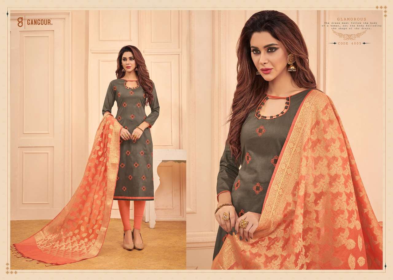 CHUNRI VOL-4 BY GANGOUR 4001 TO 4012 SERIES DESIGNER SUITS COLLECTION BEAUTIFUL STYLISH FANCY COLORFUL PARTY WEAR & OCCASIONAL WEAR GLACE COTTON DRESSES AT WHOLESALE PRICE