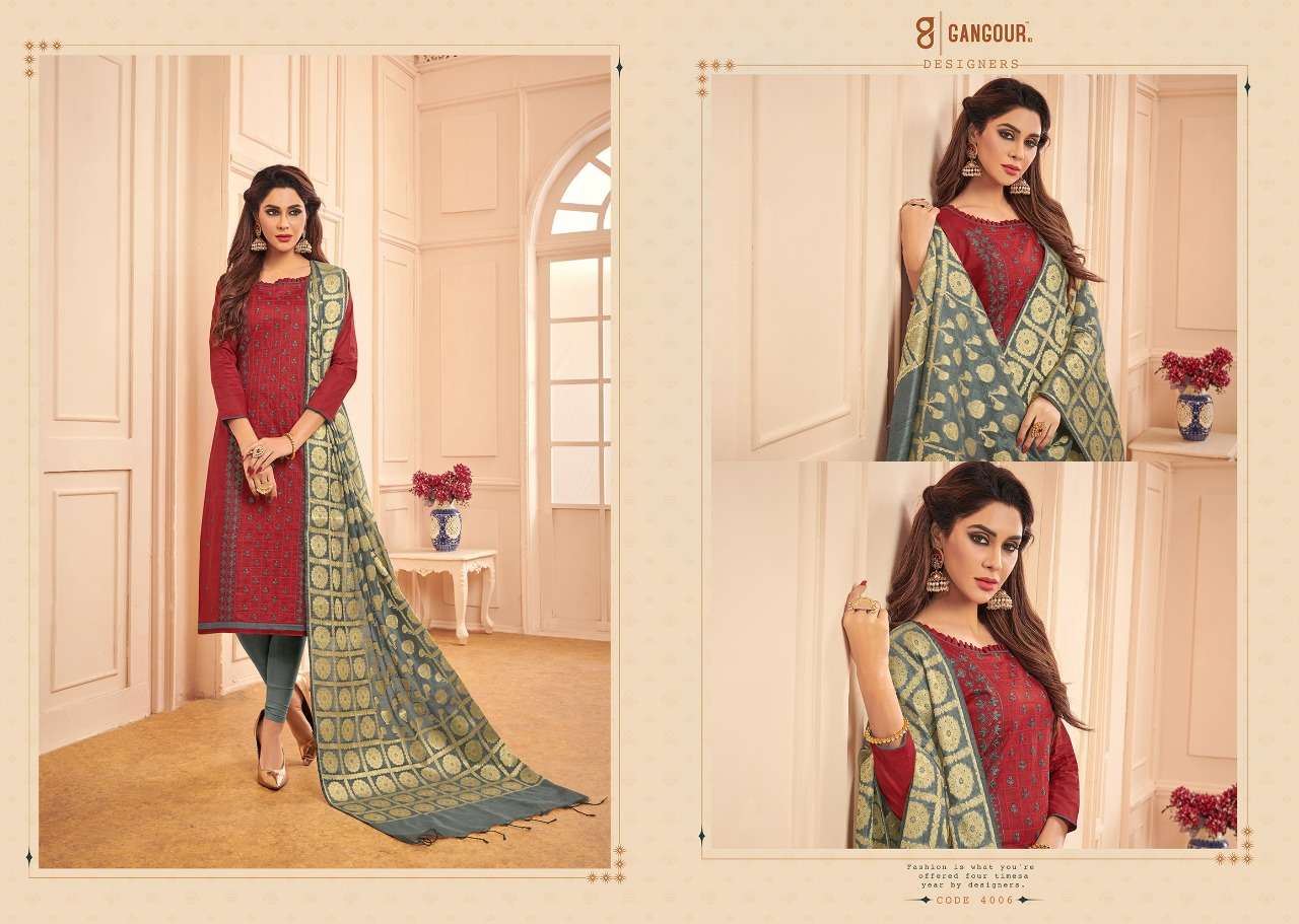 CHUNRI VOL-4 BY GANGOUR 4001 TO 4012 SERIES DESIGNER SUITS COLLECTION BEAUTIFUL STYLISH FANCY COLORFUL PARTY WEAR & OCCASIONAL WEAR GLACE COTTON DRESSES AT WHOLESALE PRICE