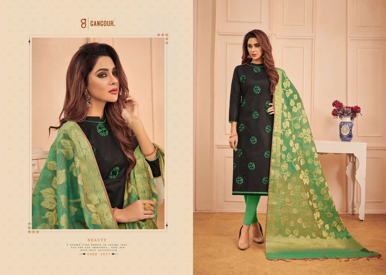 CHUNRI VOL-4 BY GANGOUR 4001 TO 4012 SERIES DESIGNER SUITS COLLECTION BEAUTIFUL STYLISH FANCY COLORFUL PARTY WEAR & OCCASIONAL WEAR GLACE COTTON DRESSES AT WHOLESALE PRICE