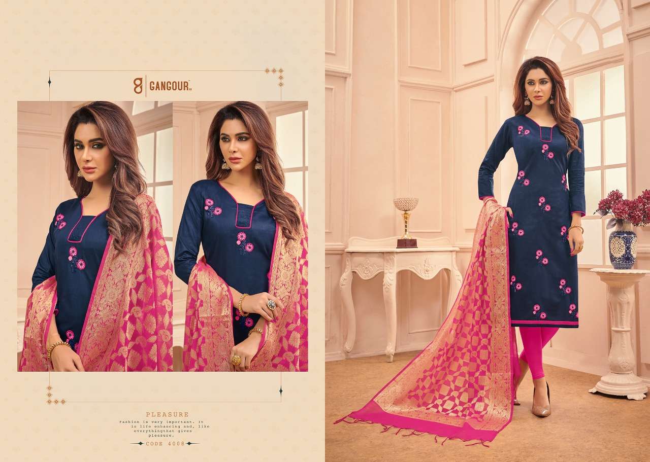 CHUNRI VOL-4 BY GANGOUR 4001 TO 4012 SERIES DESIGNER SUITS COLLECTION BEAUTIFUL STYLISH FANCY COLORFUL PARTY WEAR & OCCASIONAL WEAR GLACE COTTON DRESSES AT WHOLESALE PRICE