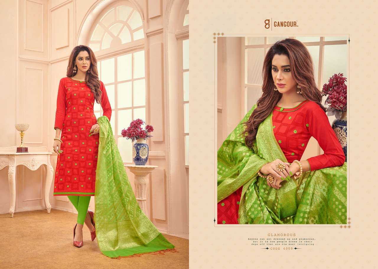 CHUNRI VOL-4 BY GANGOUR 4001 TO 4012 SERIES DESIGNER SUITS COLLECTION BEAUTIFUL STYLISH FANCY COLORFUL PARTY WEAR & OCCASIONAL WEAR GLACE COTTON DRESSES AT WHOLESALE PRICE