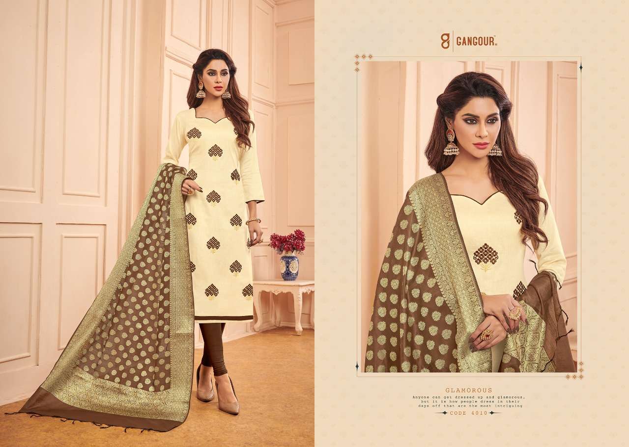 CHUNRI VOL-4 BY GANGOUR 4001 TO 4012 SERIES DESIGNER SUITS COLLECTION BEAUTIFUL STYLISH FANCY COLORFUL PARTY WEAR & OCCASIONAL WEAR GLACE COTTON DRESSES AT WHOLESALE PRICE