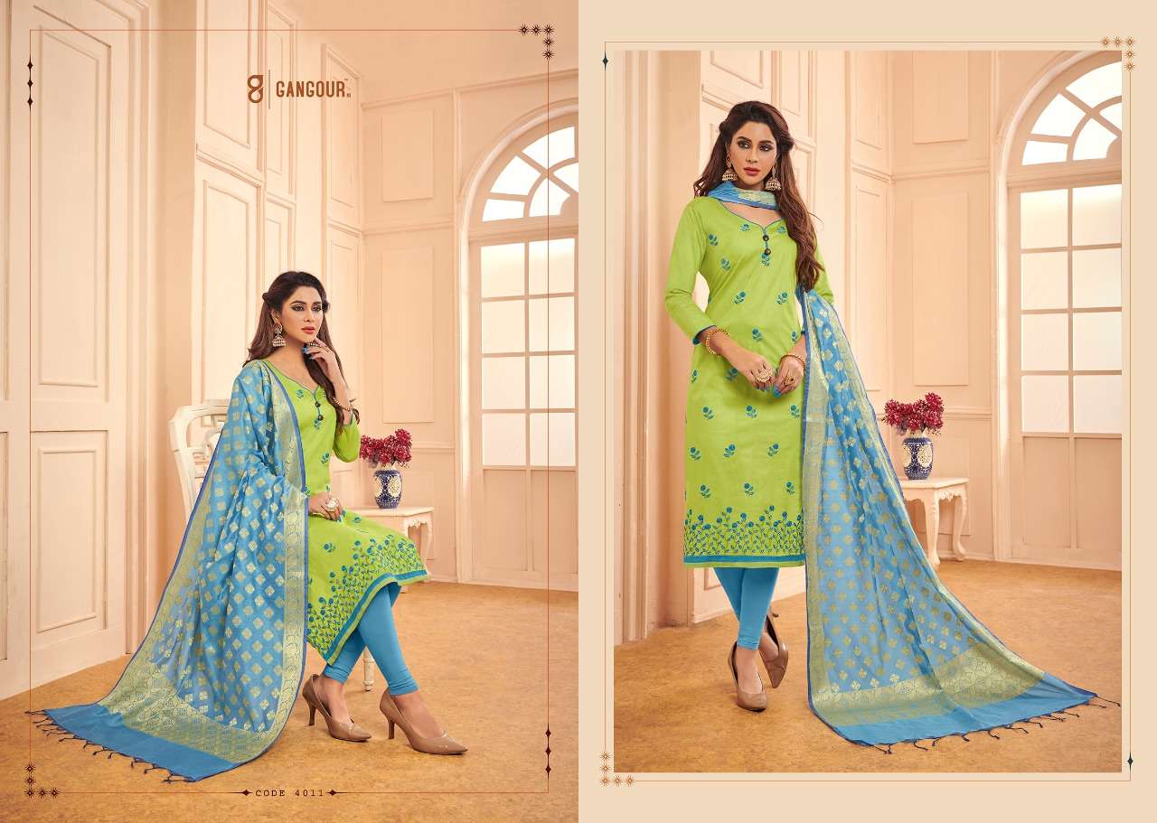 CHUNRI VOL-4 BY GANGOUR 4001 TO 4012 SERIES DESIGNER SUITS COLLECTION BEAUTIFUL STYLISH FANCY COLORFUL PARTY WEAR & OCCASIONAL WEAR GLACE COTTON DRESSES AT WHOLESALE PRICE
