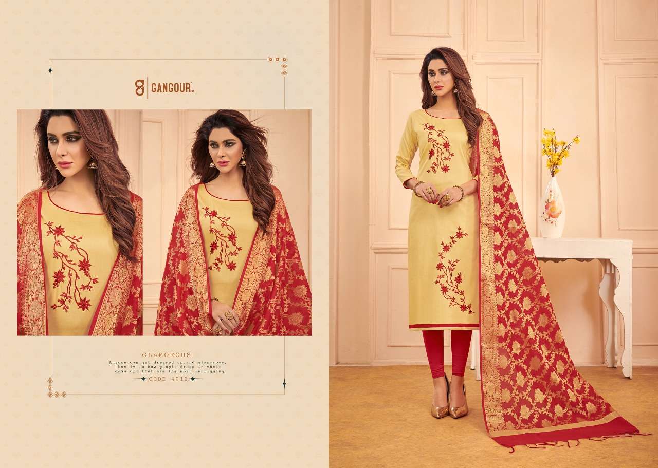 CHUNRI VOL-4 BY GANGOUR 4001 TO 4012 SERIES DESIGNER SUITS COLLECTION BEAUTIFUL STYLISH FANCY COLORFUL PARTY WEAR & OCCASIONAL WEAR GLACE COTTON DRESSES AT WHOLESALE PRICE