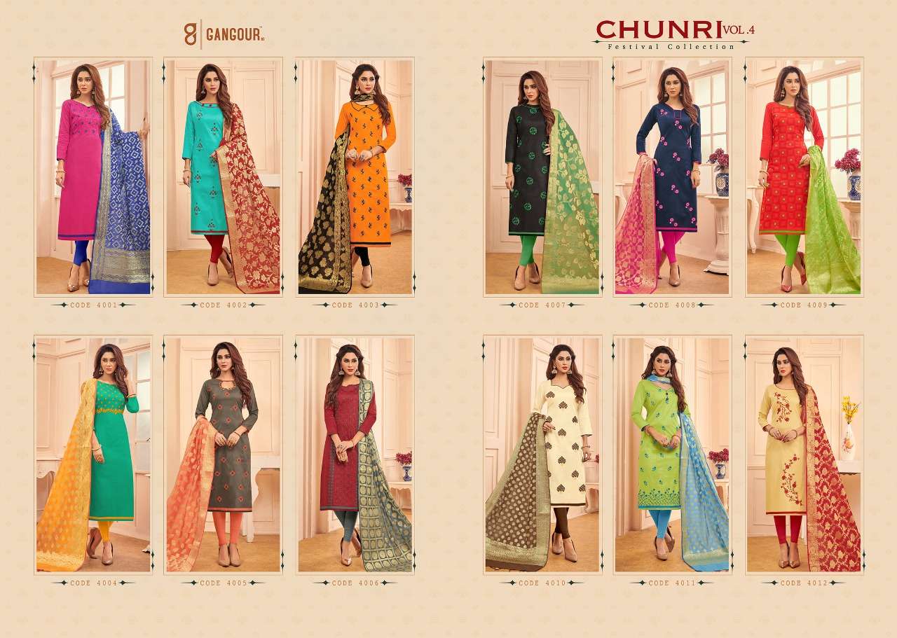 CHUNRI VOL-4 BY GANGOUR 4001 TO 4012 SERIES DESIGNER SUITS COLLECTION BEAUTIFUL STYLISH FANCY COLORFUL PARTY WEAR & OCCASIONAL WEAR GLACE COTTON DRESSES AT WHOLESALE PRICE