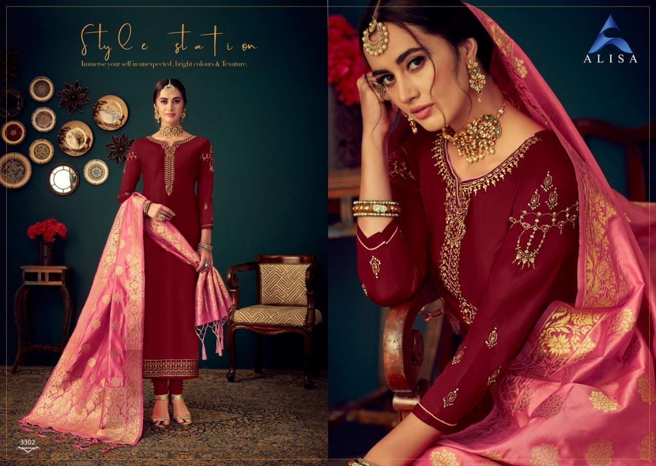 GUL BANARAS BY ALISA 3301 TO 3306 SERIES DESIGNER SUITS COLLECTION BEAUTIFUL STYLISH FANCY COLORFUL PARTY WEAR & OCCASIONAL WEAR JAM SATIN COTTON WITH HEAVY EMBROIDERY DRESSES AT WHOLESALE PRICE