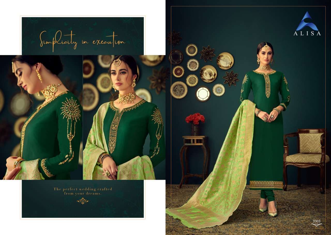 GUL BANARAS BY ALISA 3301 TO 3306 SERIES DESIGNER SUITS COLLECTION BEAUTIFUL STYLISH FANCY COLORFUL PARTY WEAR & OCCASIONAL WEAR JAM SATIN COTTON WITH HEAVY EMBROIDERY DRESSES AT WHOLESALE PRICE
