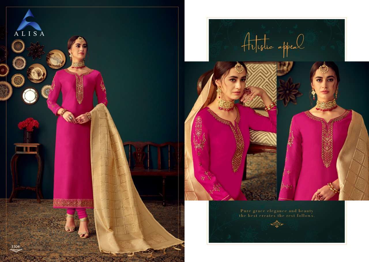 GUL BANARAS BY ALISA 3301 TO 3306 SERIES DESIGNER SUITS COLLECTION BEAUTIFUL STYLISH FANCY COLORFUL PARTY WEAR & OCCASIONAL WEAR JAM SATIN COTTON WITH HEAVY EMBROIDERY DRESSES AT WHOLESALE PRICE